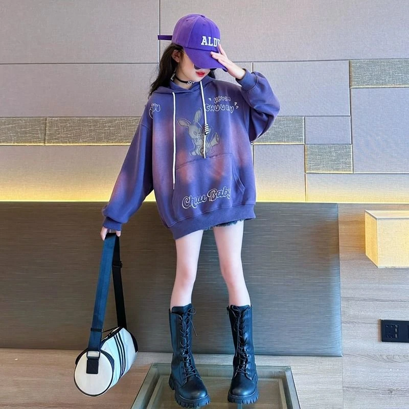 女童卫衣加绒秋冬款2024新款中大童儿童秋装洋气女孩连帽上衣外套