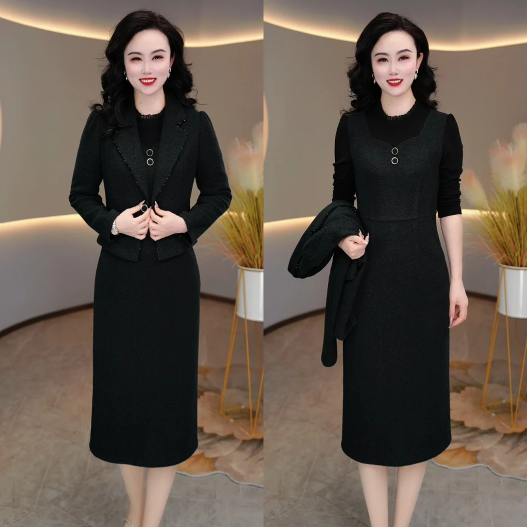 外套+连衣裙 2024时尚套装减龄显瘦气质长袖两件套连衣裙M-5XL