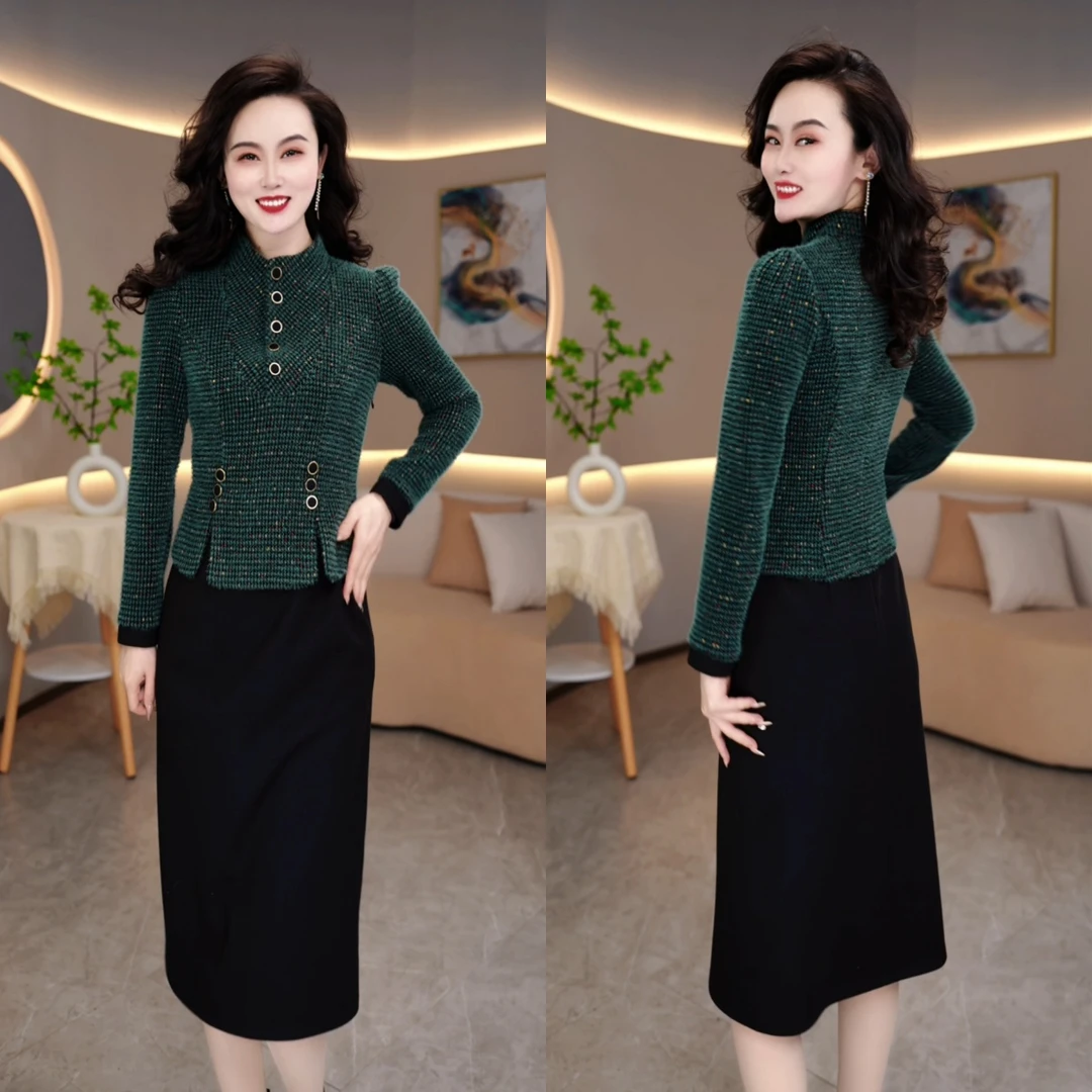 2024冬季静奢风时尚气质洋气显瘦加绒加厚长袖假两件连衣裙M-5XL