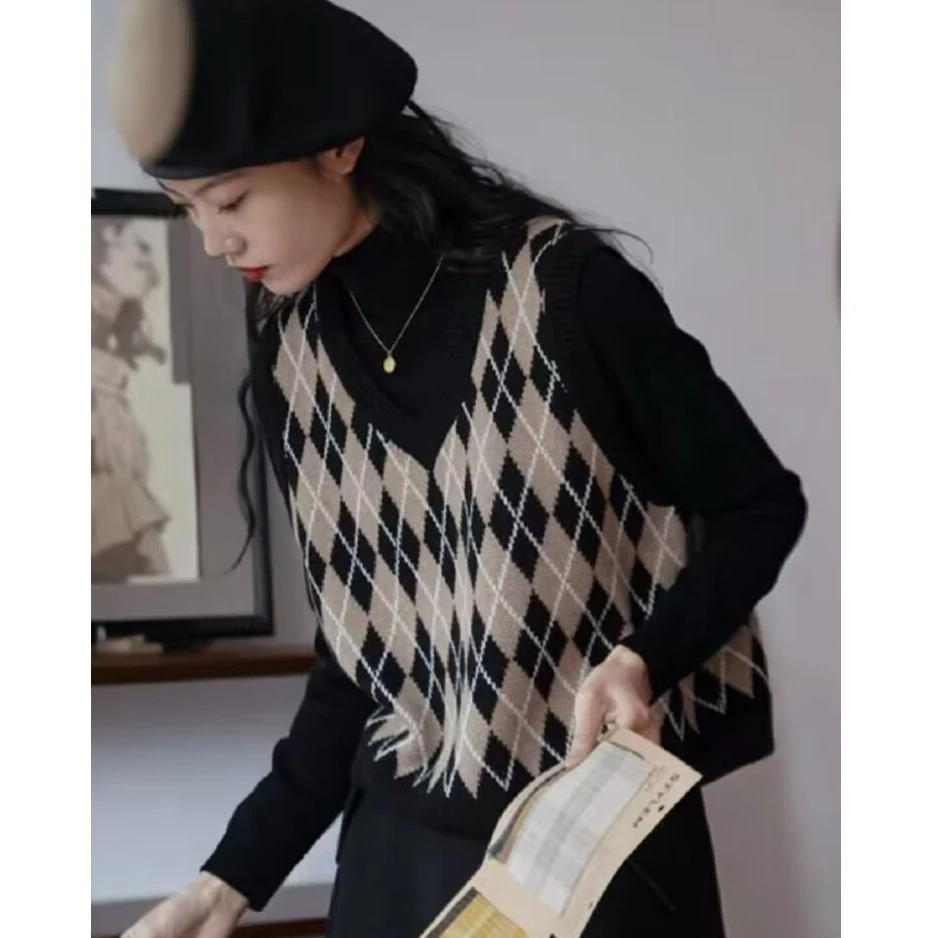 YueBeiLa/月贝拉秋冬新款大码洋气假两件菱形格半高领针织毛衣女