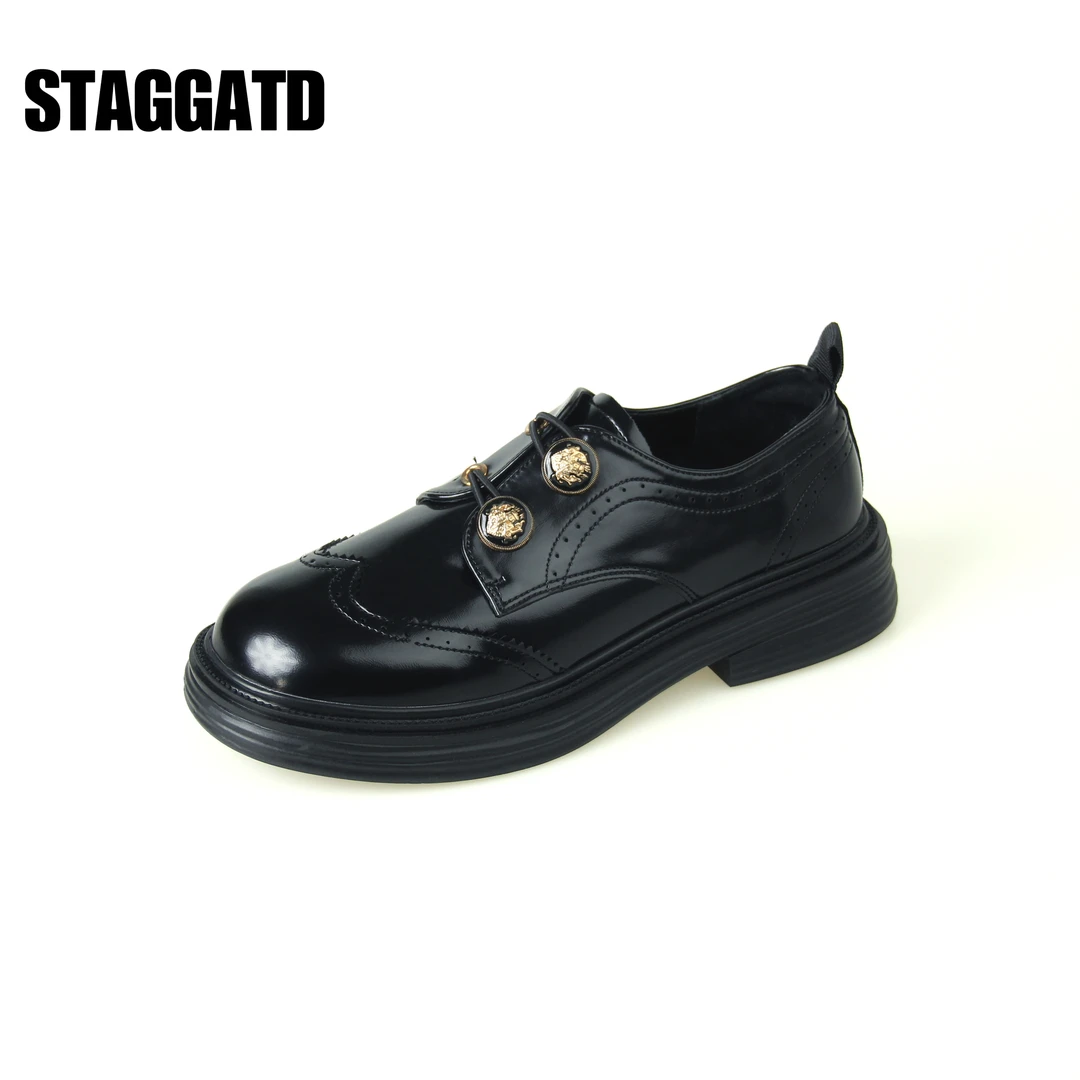STAGGATD2024春新款美拉德圆头乐福鞋女单鞋厚底百搭黑色小皮鞋