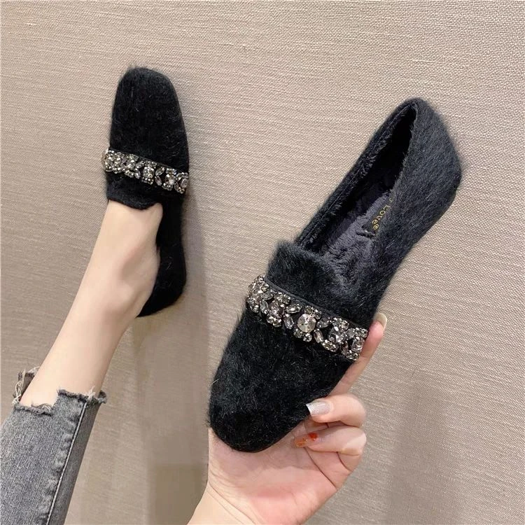 棉鞋水钻毛毛鞋女冬外穿2026秋冬平底女鞋一脚蹬豆豆鞋加绒女单鞋