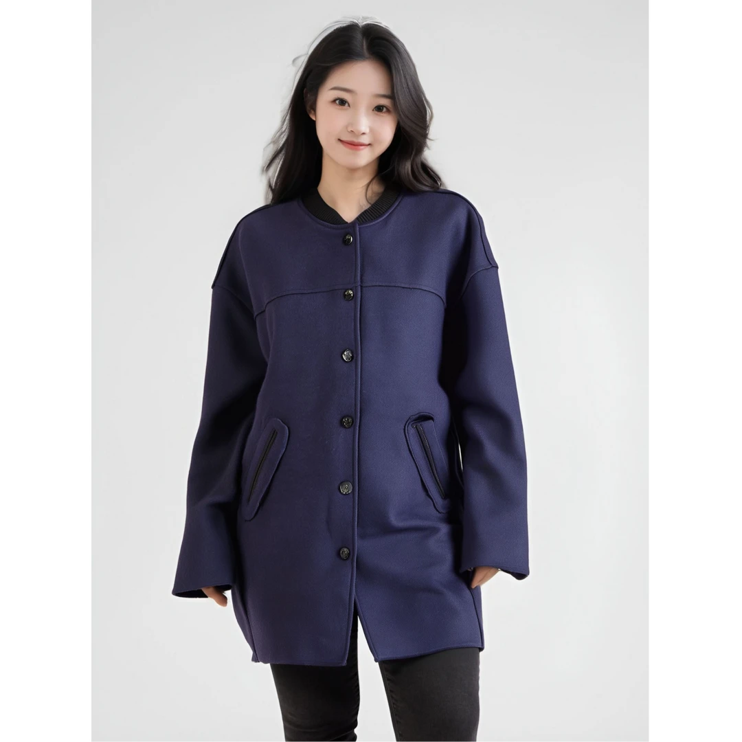 K5TBZ248#秋冬款女士上衣POLO领中长款休闲时尚羊毛针织上衣外套