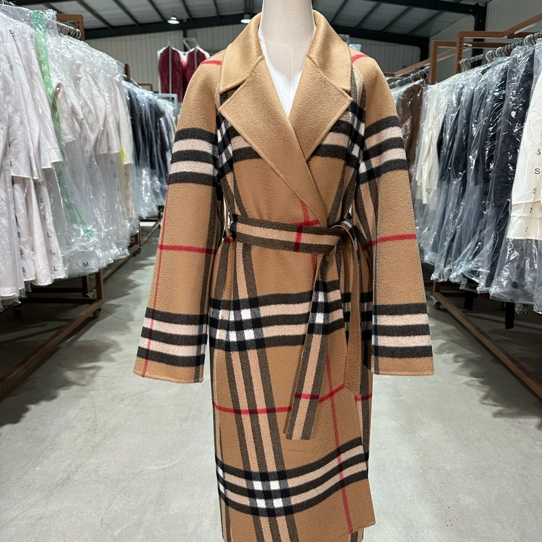 劲锐纯澳毛123水波纹格子风格中长款女士大衣