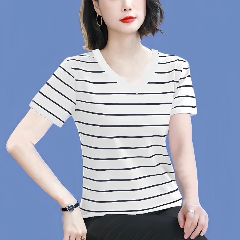 棉质条纹V领短袖T恤女2024新款夏季薄款洋气中老年人妈妈装夏装