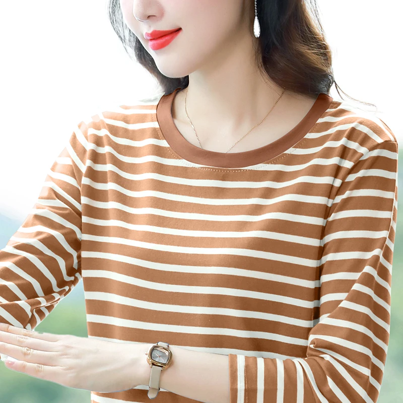 条纹长袖女t恤春秋新款宽松大码棉质打底衫中年妈妈洋气百搭上衣