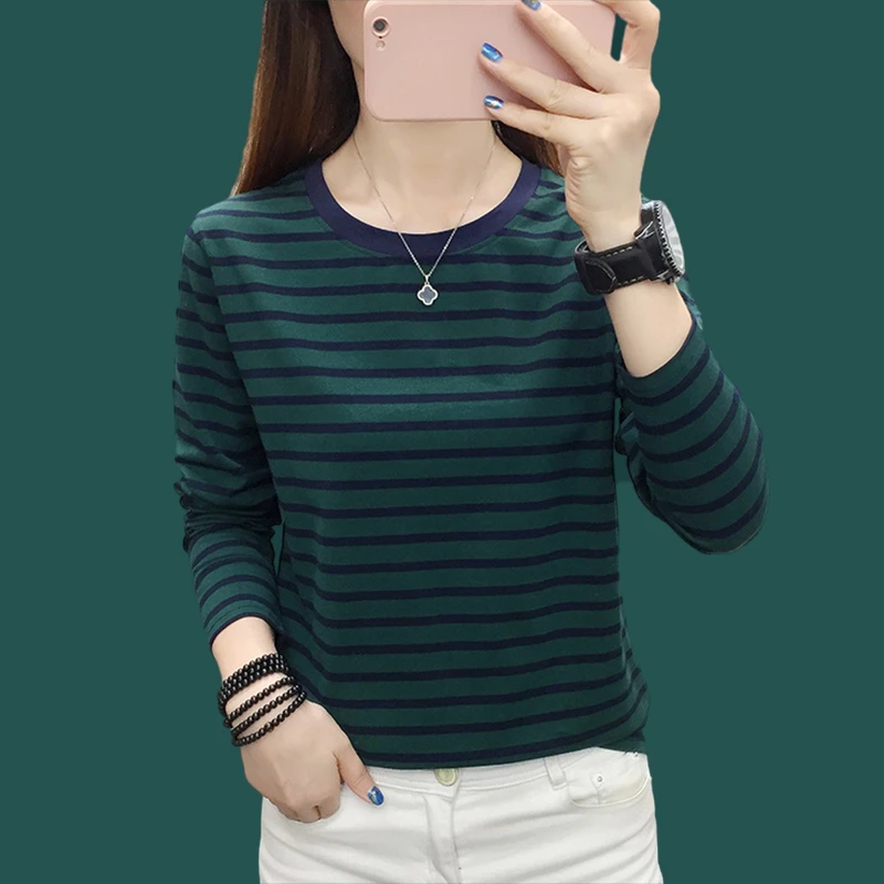 早春秋新款长袖内搭T恤女中年妈妈大码宽松显瘦遮肚子条纹打底衫