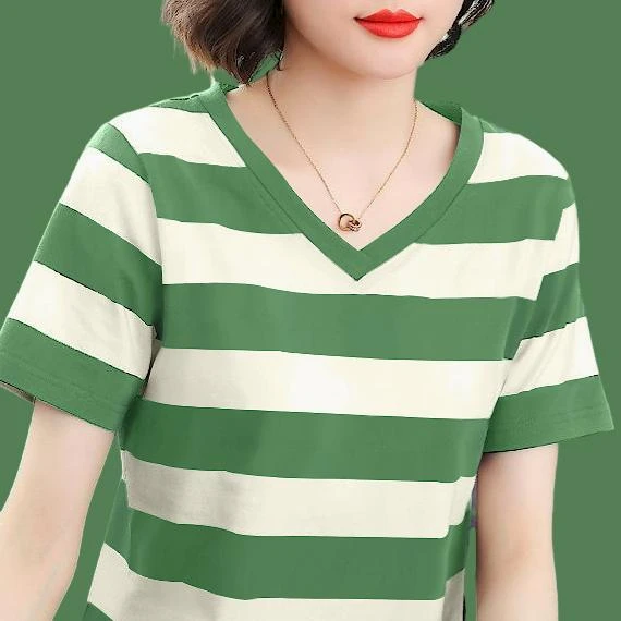 棉质短袖T恤女士夏装宽松大码显瘦半袖中年妈妈新款休闲条纹上衣