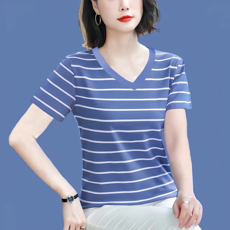新款棉质蓝色t恤条纹短袖T恤女夏半袖上衣大码中老年人妈妈装夏装