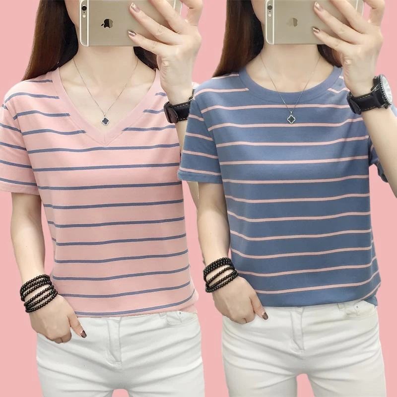 棉质条纹T恤短袖女夏装宽松百搭半袖体恤大码女装新款洋气上衣服