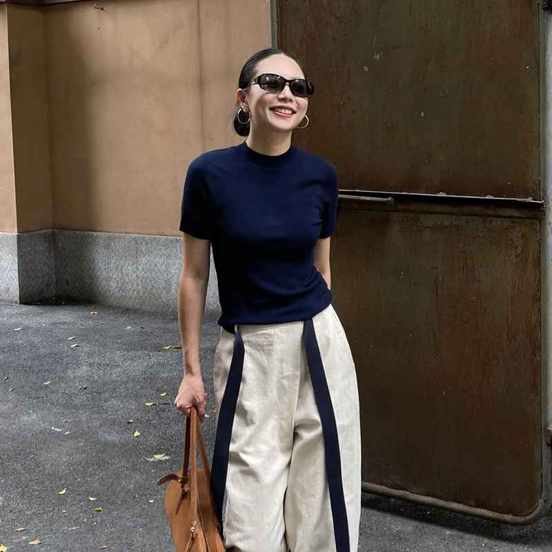 PURITY YH2024纯色紧身修身短款上衣简约百搭款正肩短袖羊毛衫