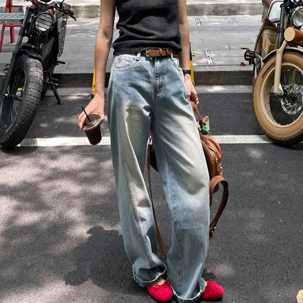 PURITY YH2024秋季百搭高级感松紧腰牛仔裤阔腿休闲小众简约裤