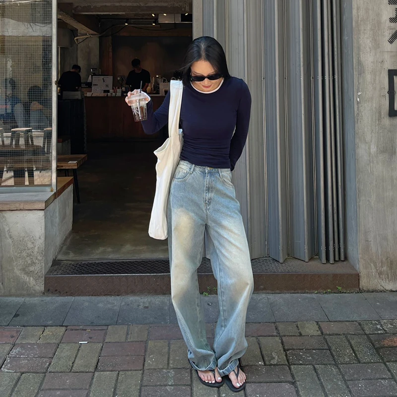 PURITY YH美式显瘦阔腿休闲牛仔裤小众简约百搭高级感直筒牛仔裤