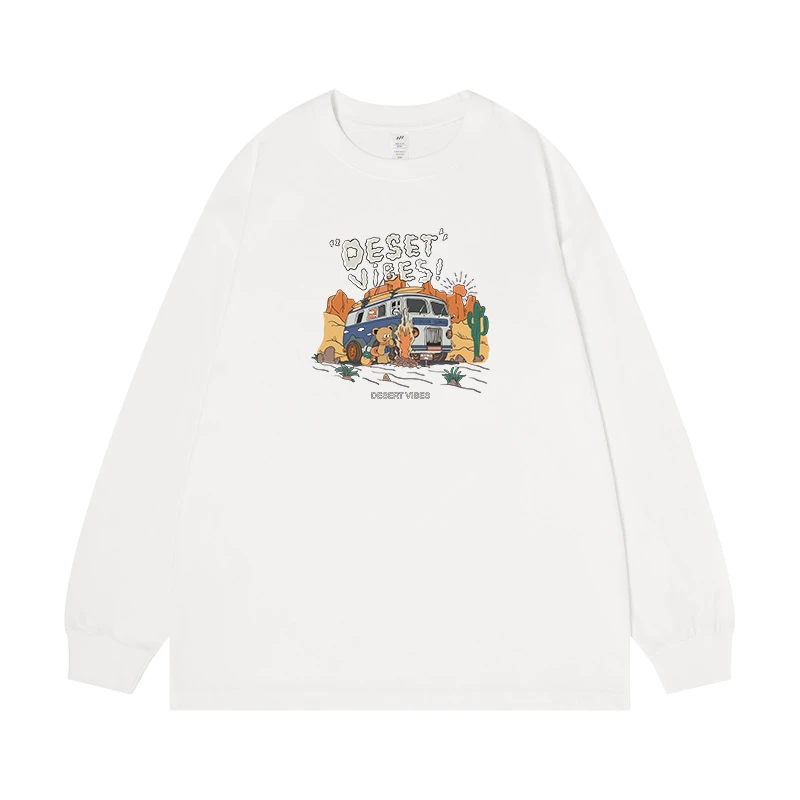 230G重磅纯棉t恤秋季男女同款宽松休闲百搭白色印花长袖圆领上衣