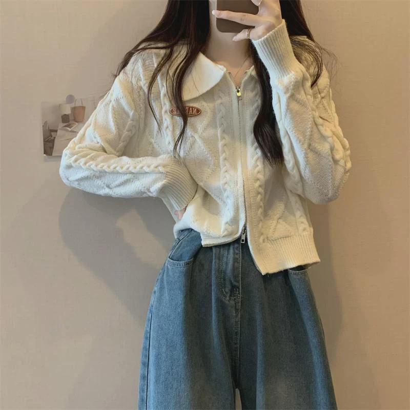 短款针织打底衫女秋装双拉链正肩毛衣开衫外套秋季穿搭小上衣