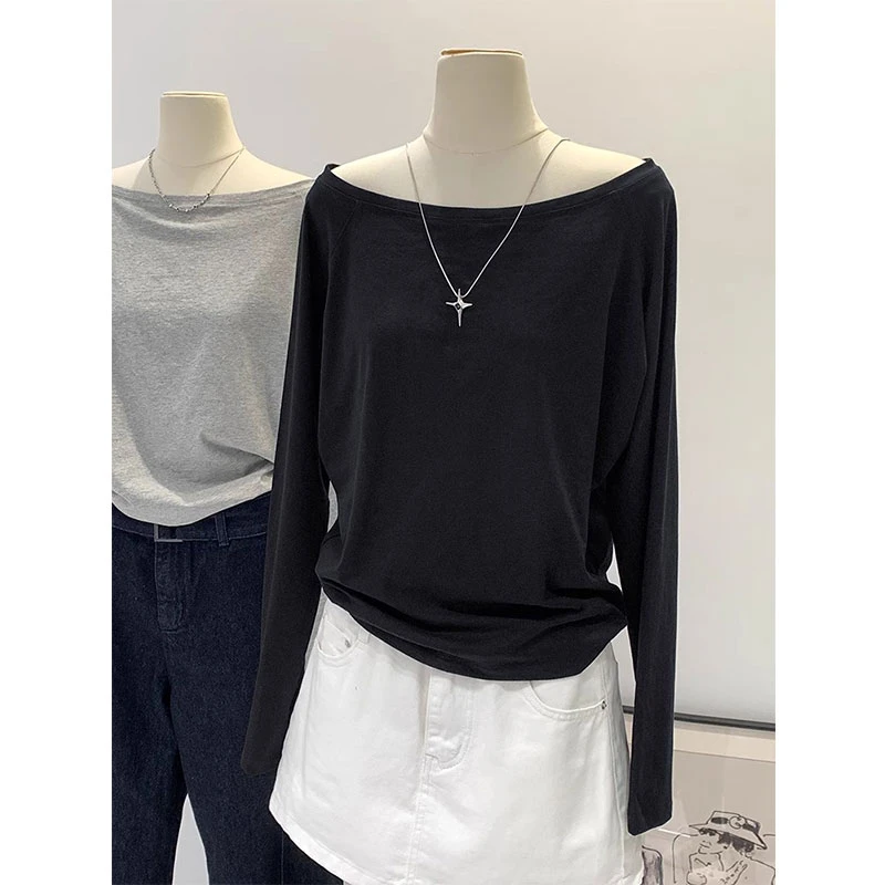 i设计感一字肩简约长袖T恤女宽松显瘦春秋季纯色百搭时尚休闲上衣