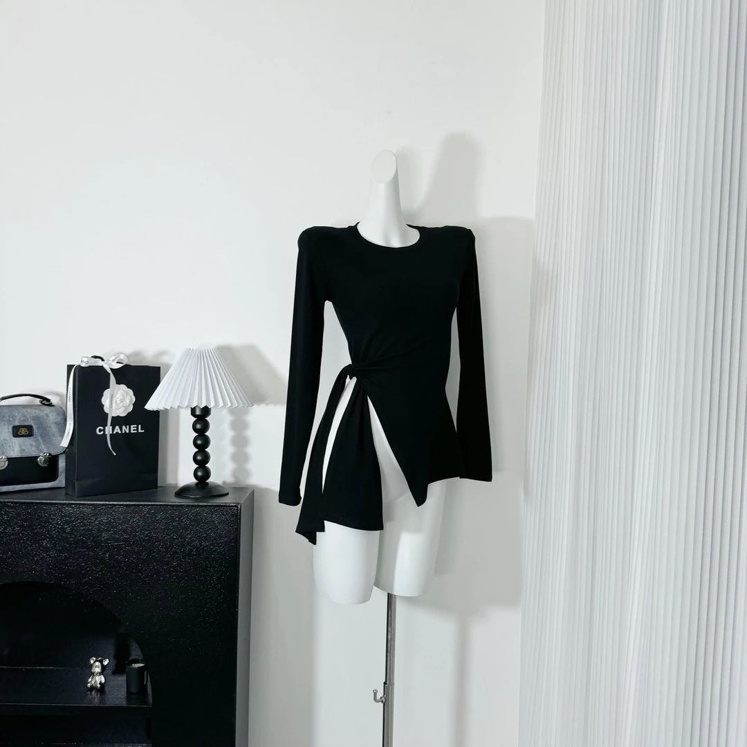 不规则开叉收腰绑带长袖t恤女春秋修身显瘦上衣独特别致打底衫潮