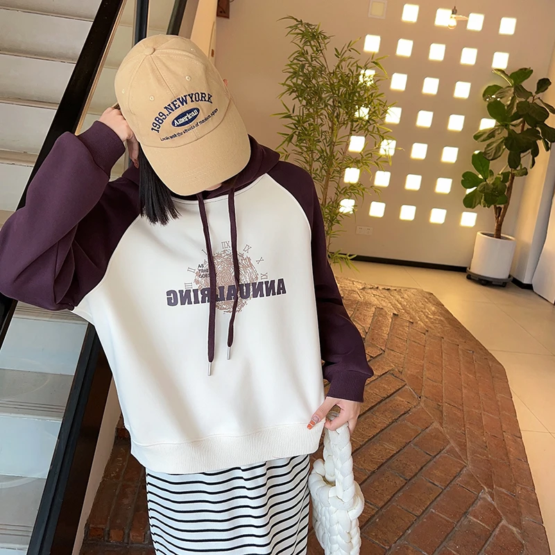 8305连帽卫衣插肩袖加绒加厚字母印花高端华棉卫衣