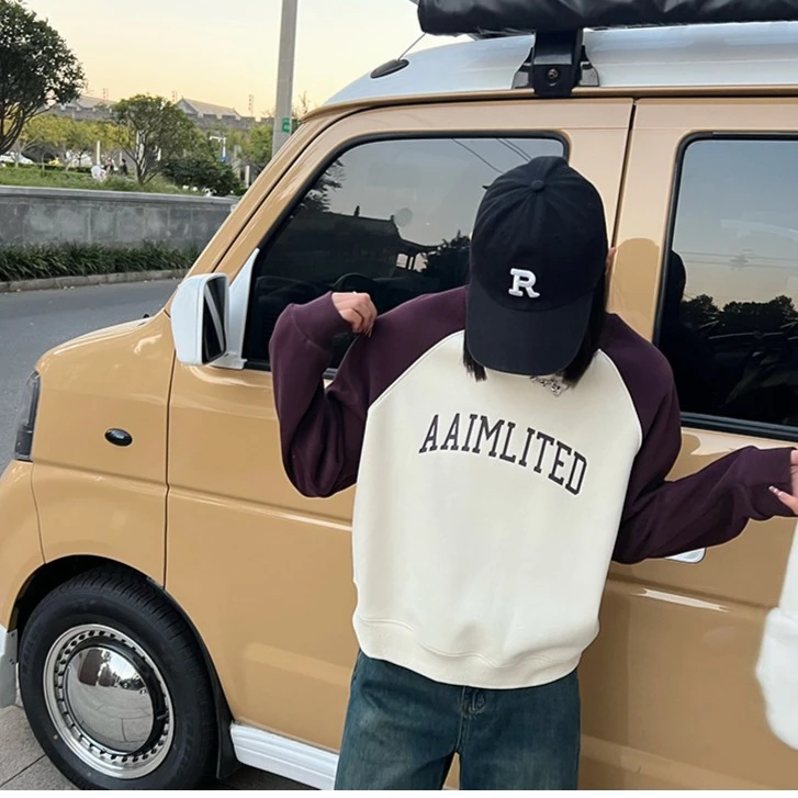 新款1726插肩袖圆领字母印花加绒宽松休闲百搭短款卫衣插肩袖美式