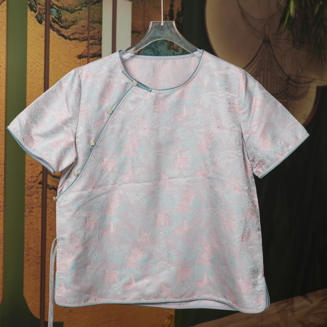 【风景古香】新中式桑蚕丝宋锦花罗女士毛衫短袖