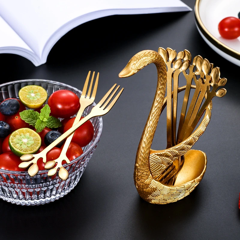 【天鹅底座+金色水果叉10支】韩式轻奢高档家用时尚水果叉子带底座
