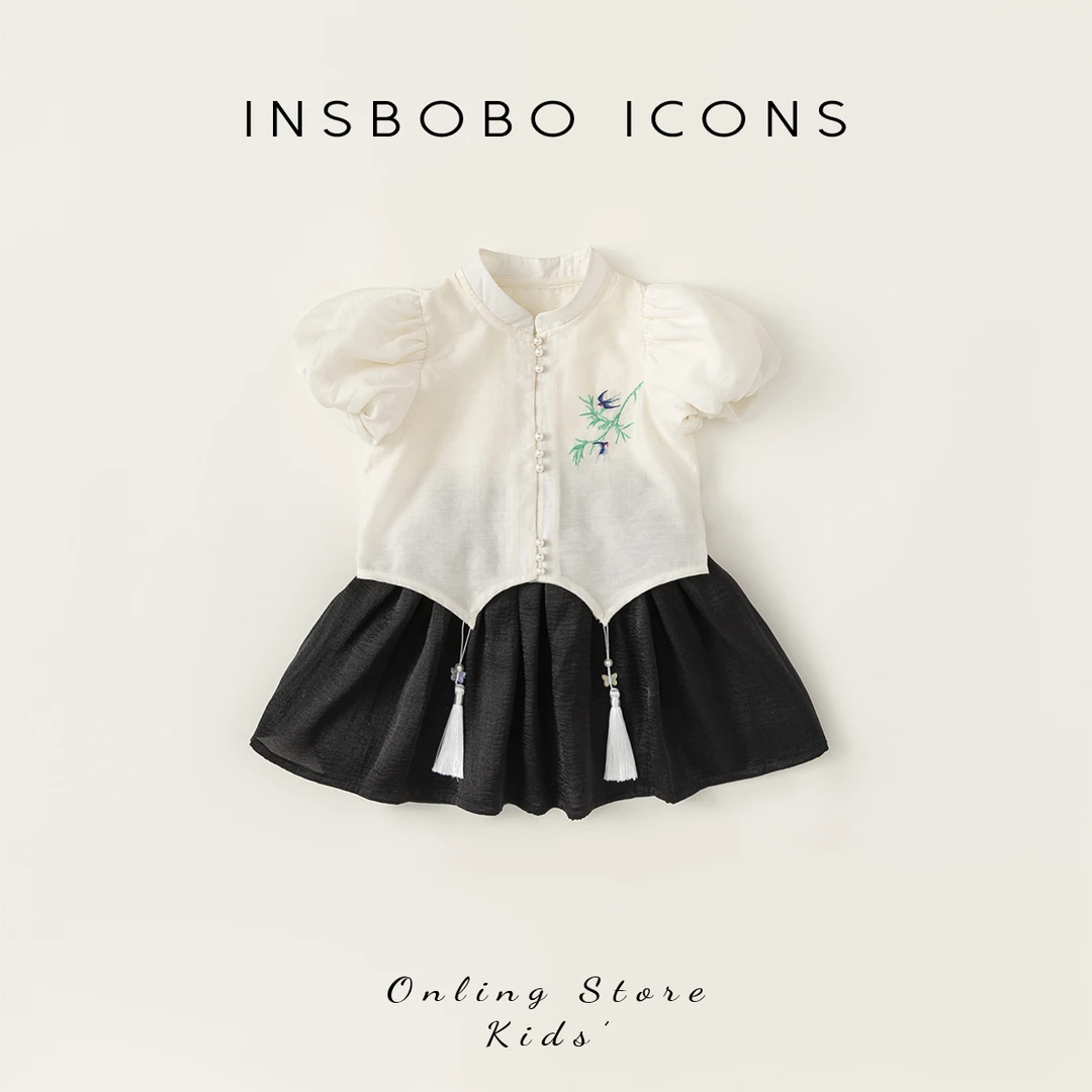 儿童套装新国风女童洋气（中式挂绳上衣+抽褶短裙两件套XT24237）