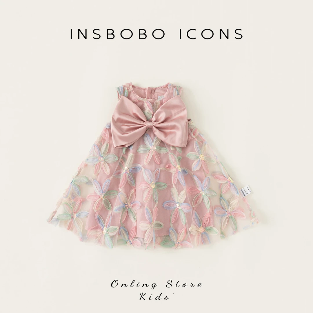 XQ24348【夏】儿童裙子（蝴蝶结网纱拼接立体花朵连衣裙）