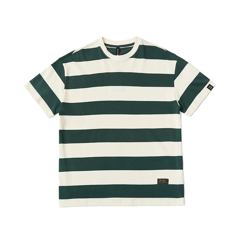 REKNAT夏季休闲百搭270克重绿白条纹加厚T恤潮流复古短袖556