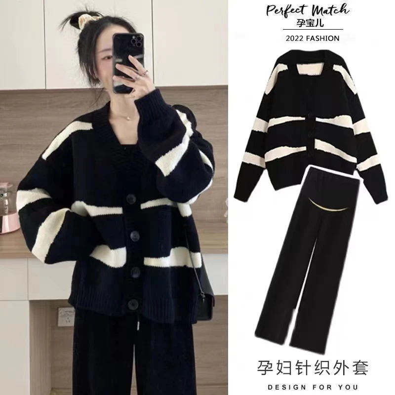孕妇装春季时尚款针织开衫毛衣气质慵懒风春装外穿可调节直筒裤子