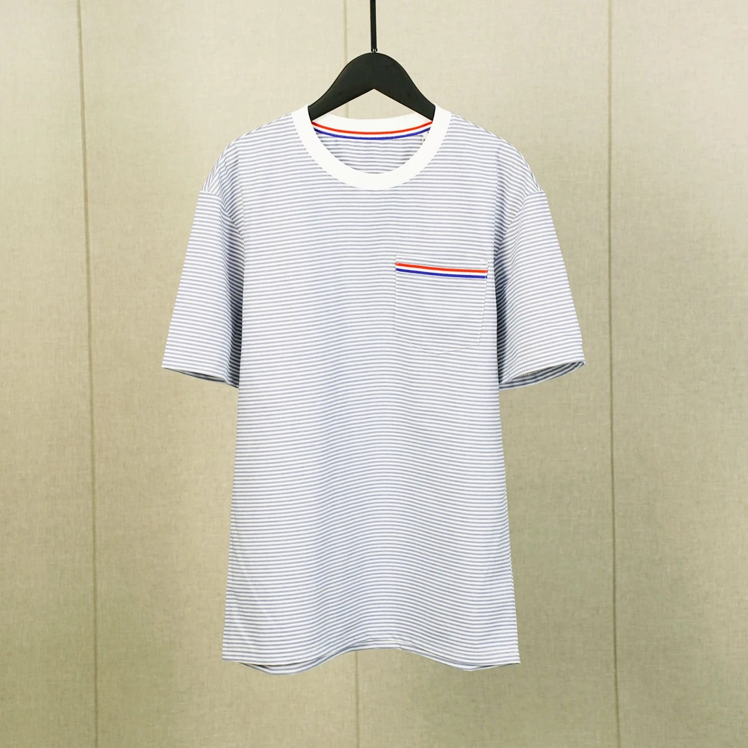 纯棉蓝白条纹液氨水柔棉男女同穿圆领短袖T