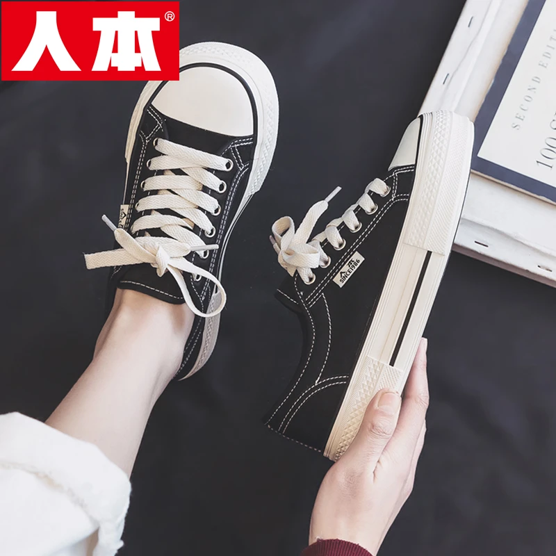 人本1986帆布鞋女新款春秋厚底芒果头休闲鞋韩版百搭透气大头板鞋