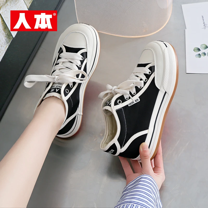 人本帆布鞋女春秋新款休闲潮流百搭平底休闲鞋情侣运动百搭板鞋女