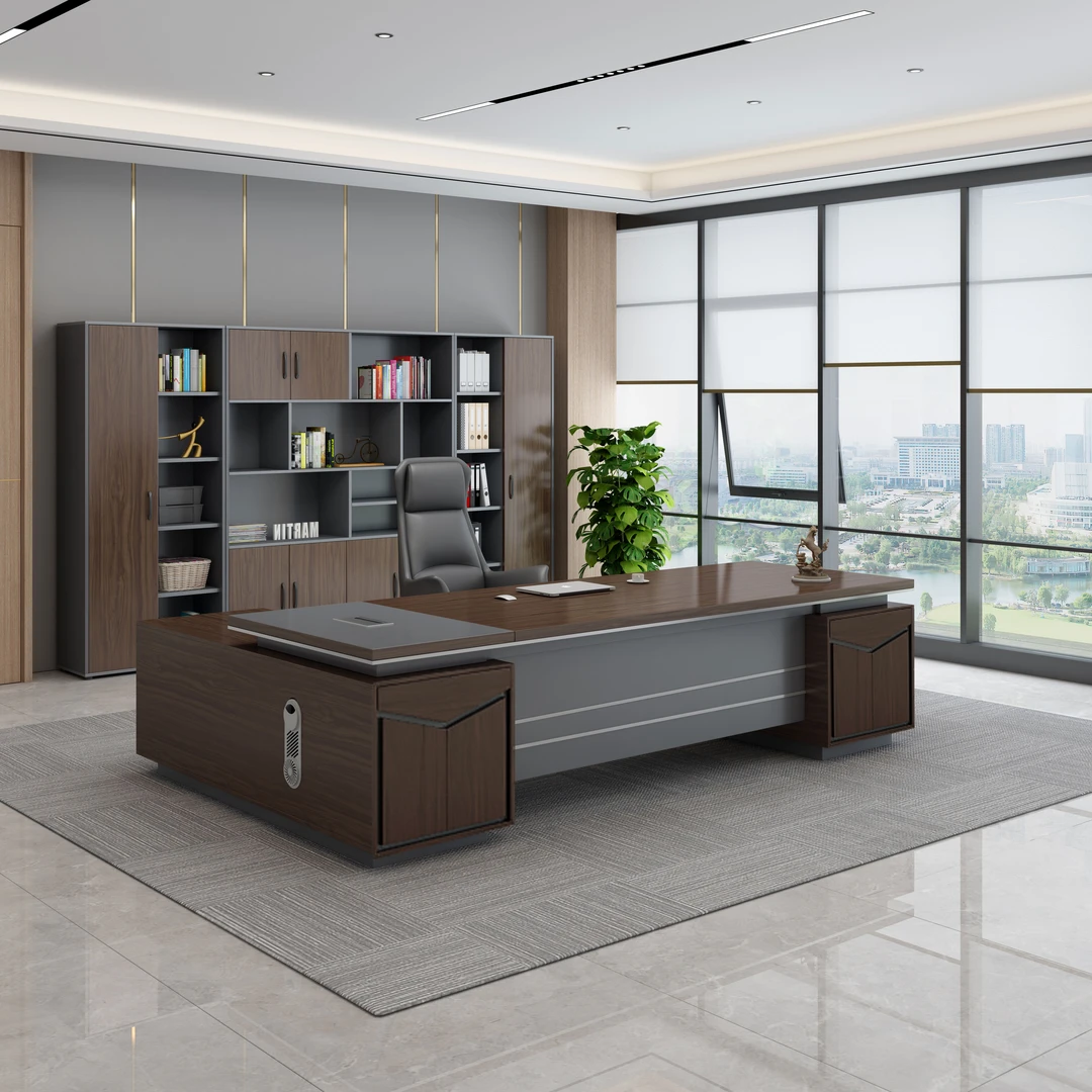 6016#（双柜）胡桃木色老板办公桌椅全套组合办公室现代时尚大班台