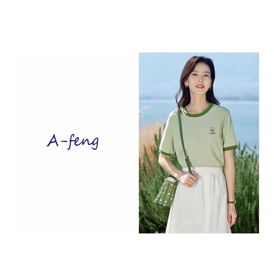 MDF-24XT-006 文艺圆领撞色刺绣钉珠冰感棉T