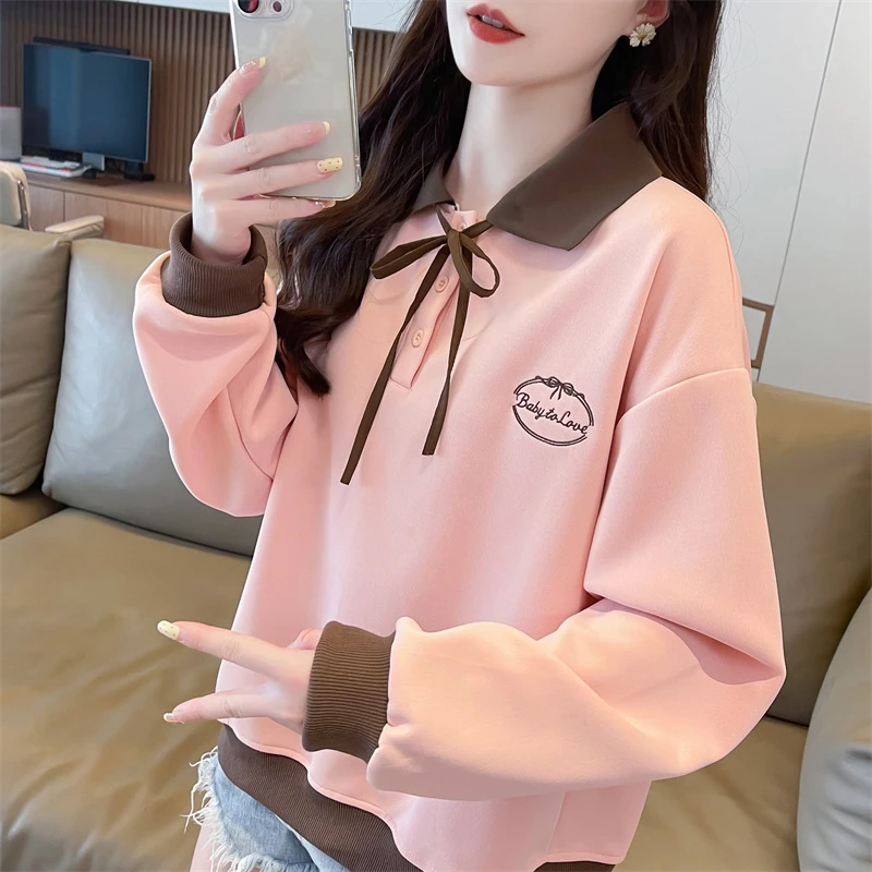 撞色POLO卫衣女宽松薄款韩版上衣2024新款春秋季设计长袖外套ins