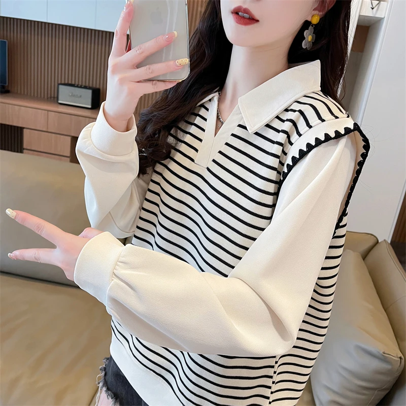 2024新款POLO条纹春秋长袖卫衣女外套小个子韩版宽松百搭上衣ins