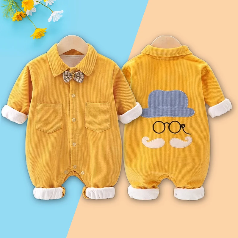 男女宝宝外穿哈衣长爬新生儿童双层连体衣婴幼儿春秋灯芯绒长袖