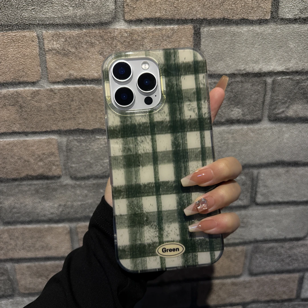 格纹适用苹果16手机壳新款iPhone15promax硬背软边14女款全包情侣