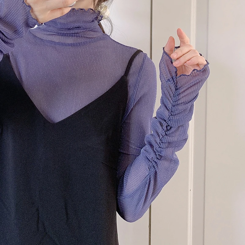 秋冬新款韩版高领百搭打底衫女洋气亮丝条纹T褶袖设计感内搭上衣