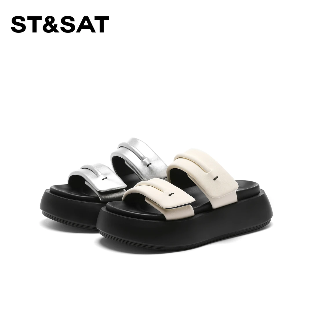 星期六露趾魔术贴拖鞋女2025秋季厚底时尚百搭增高防滑透气一字拖