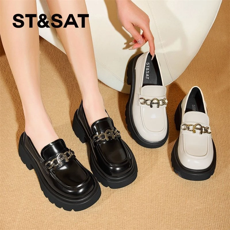 星期六圆头乐福鞋女款真皮法式英伦风赫本风单鞋包头黑色小皮鞋