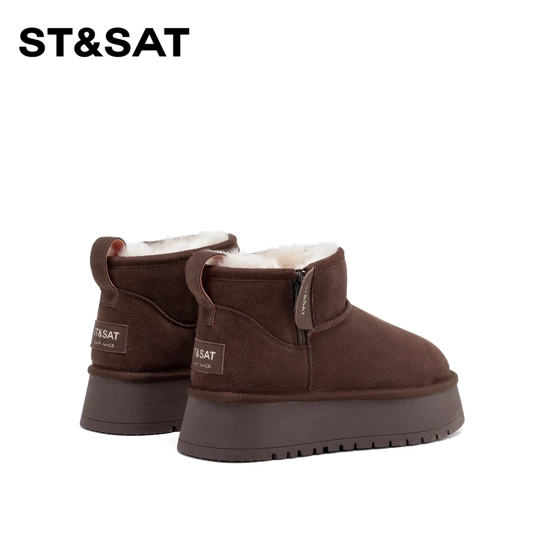 星期六真皮厚底短筒靴加绒雪地靴女2025冬季新款时尚百搭东北棉鞋