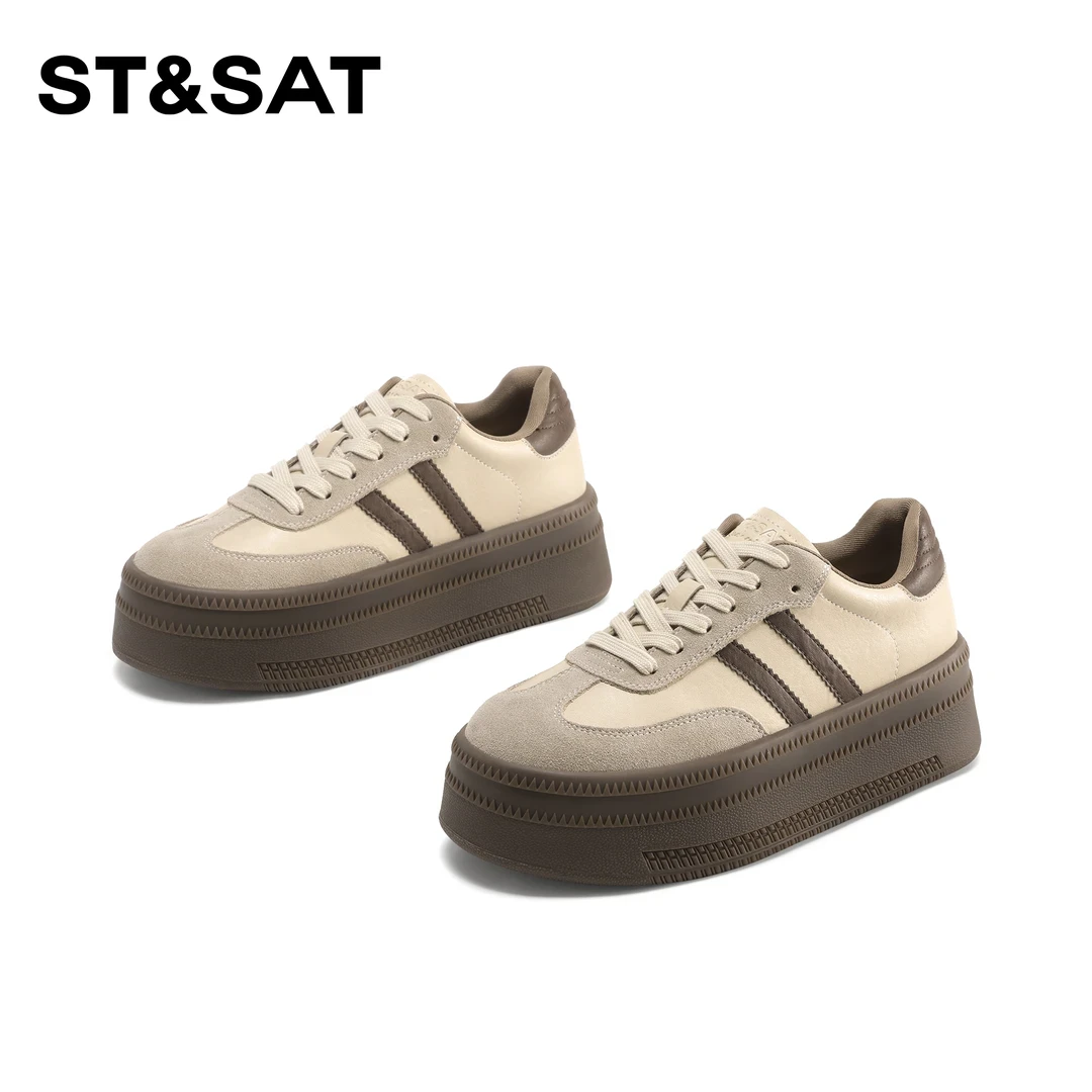 St&Sat/星期六百搭拼色系带休闲鞋女2025新款保暖软底运动德训鞋