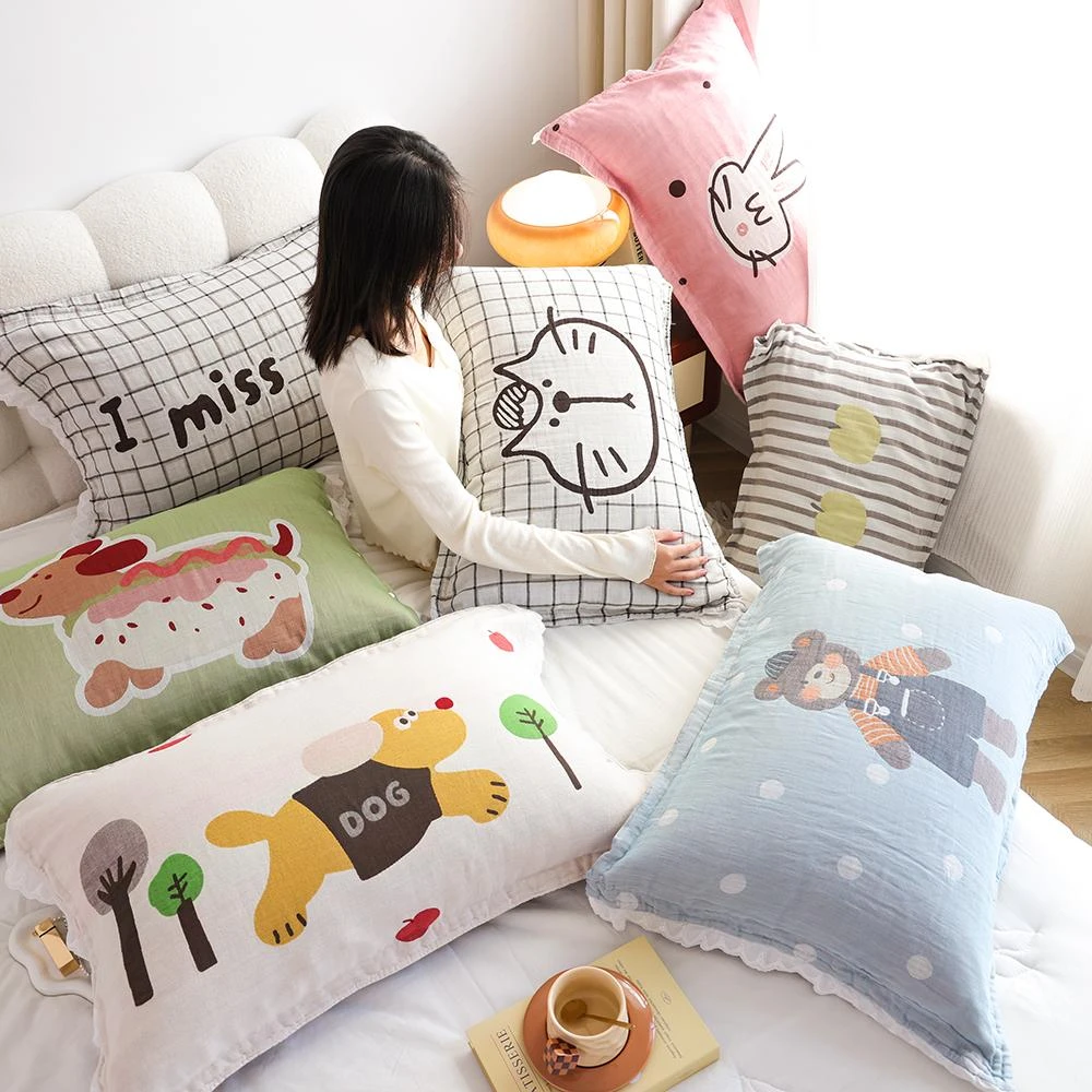 高档花边按扣式纯棉纱布枕套一对装AB版柔软家用全棉枕头内胆套