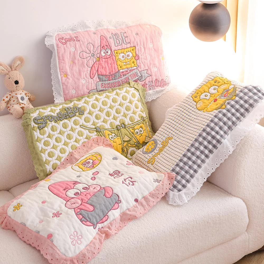 海绵宝宝花边纯棉面料纱布儿童枕巾卡通柔软吸汗高档盖巾枕头盖巾