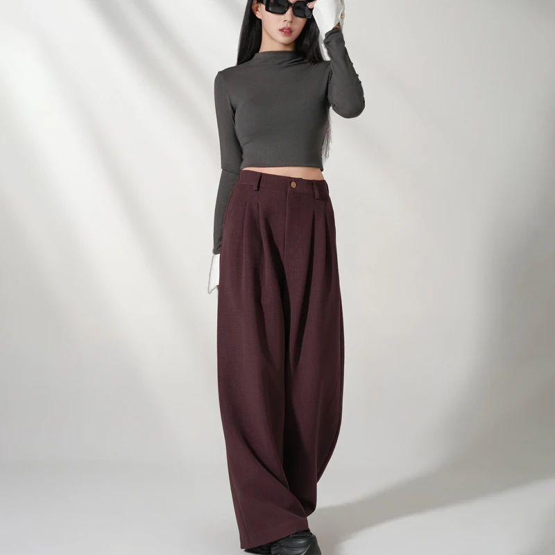 安可拉红休闲阔腿裤子女2025秋季新款高腰显瘦直筒西装裤拖地裤女