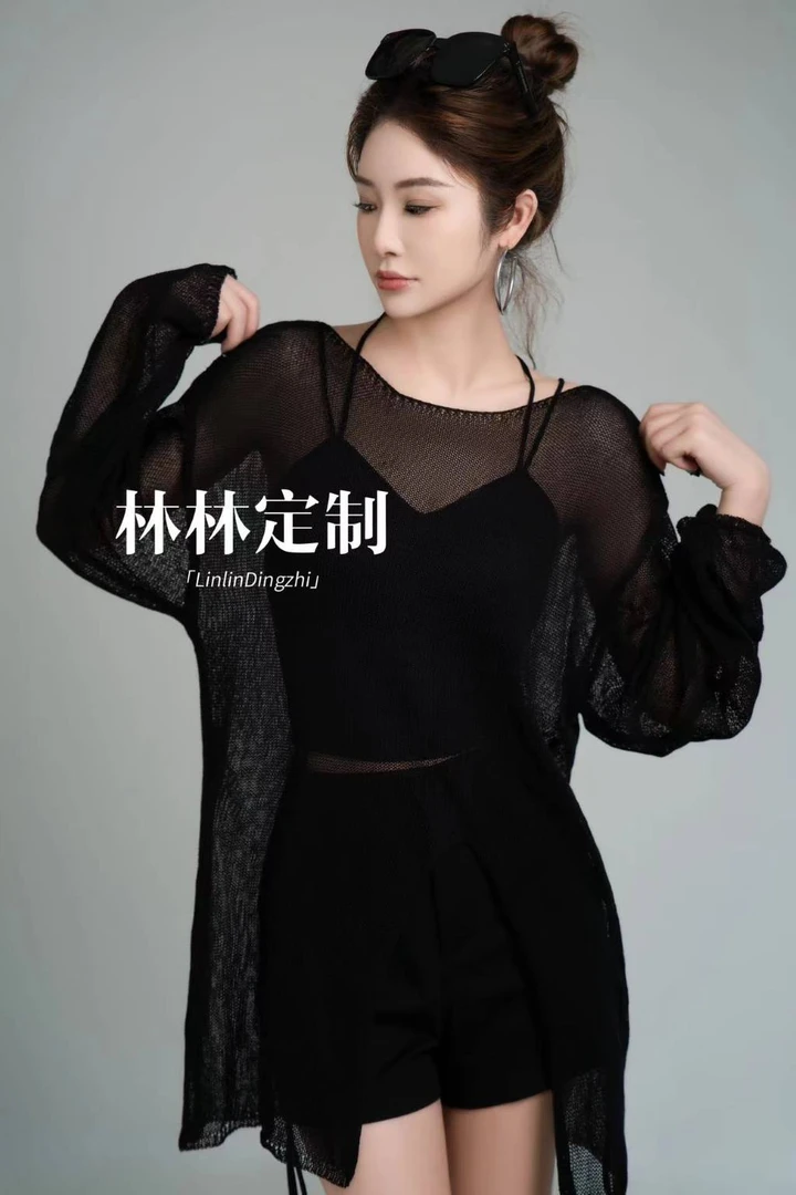 林林家黑色宽松显瘦镂空春游出行罩衫夏季薄款透视感小心机上衣