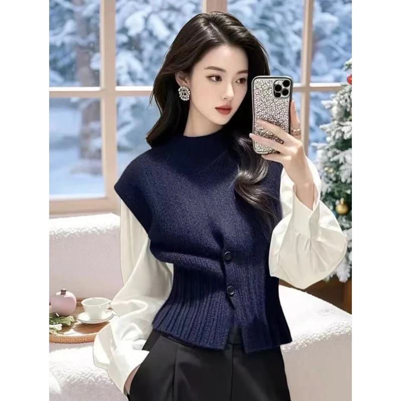 时髦减龄学院风两件套上衣女秋冬新款针织马甲衬衫叠穿潮套装女