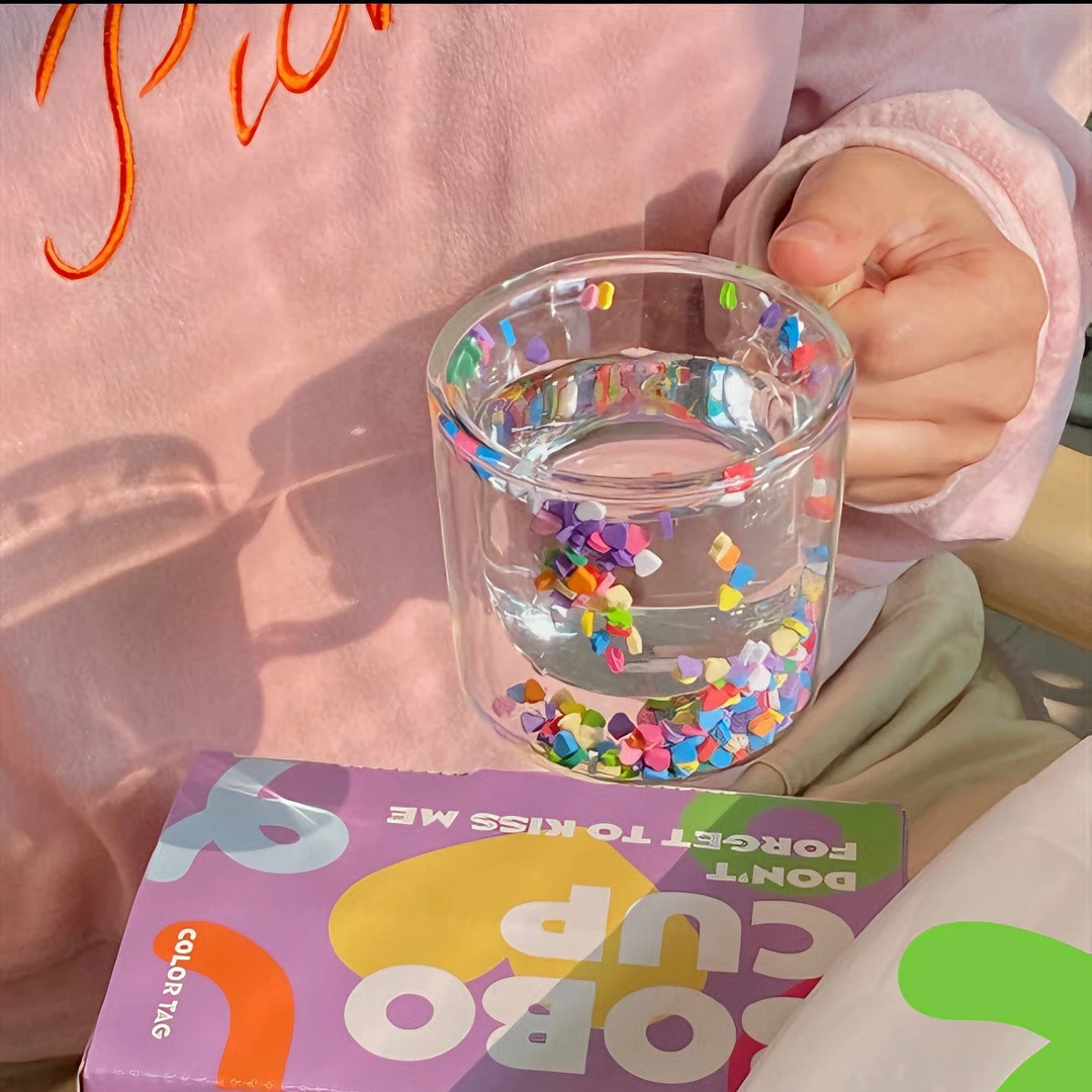『心心啵啵』双层爱心流沙玻璃杯子韩风少女心透明水杯马克牛奶杯
