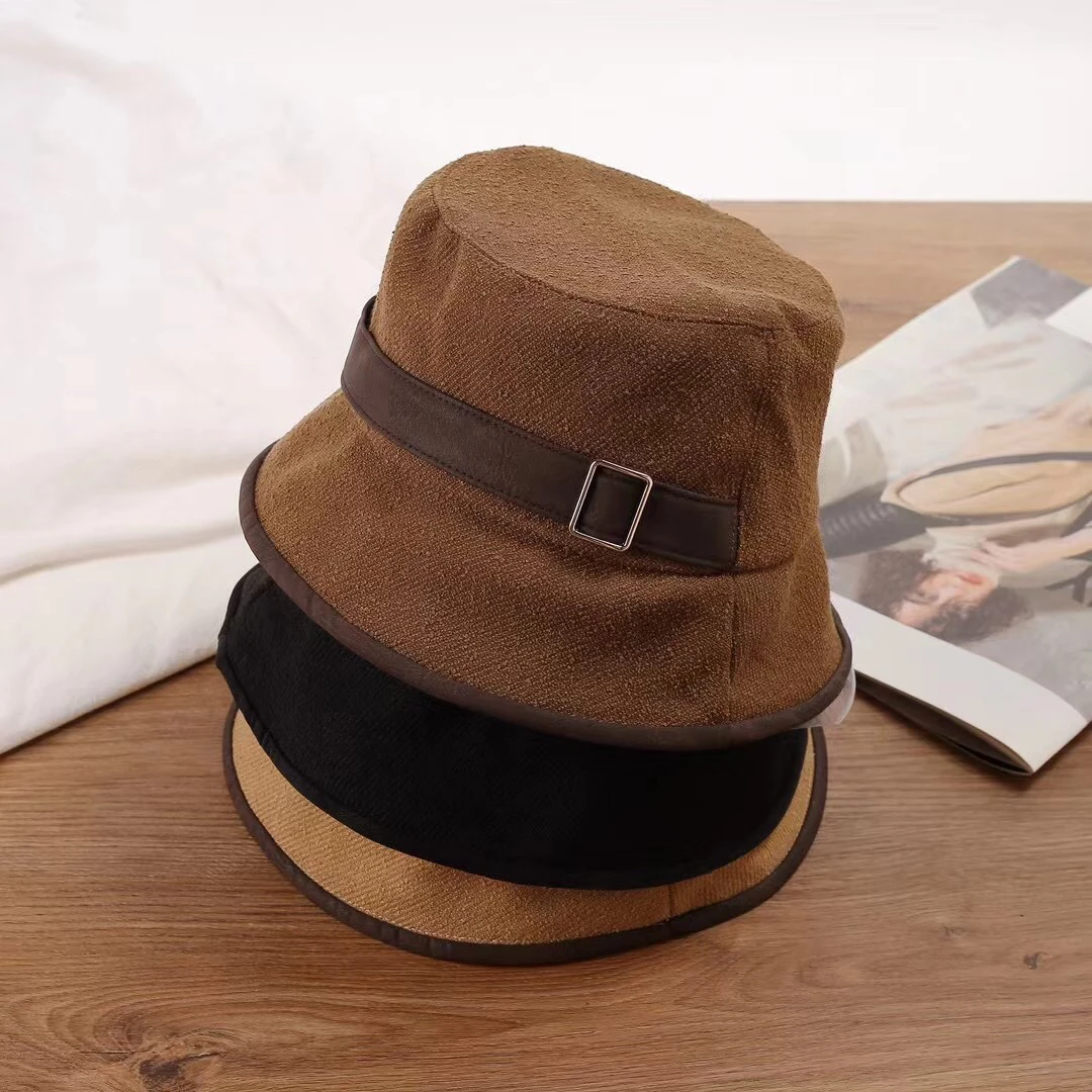 2024新款韩版百搭秋冬日系英伦复古渔夫帽皮带扣时尚遮阳防晒盆帽